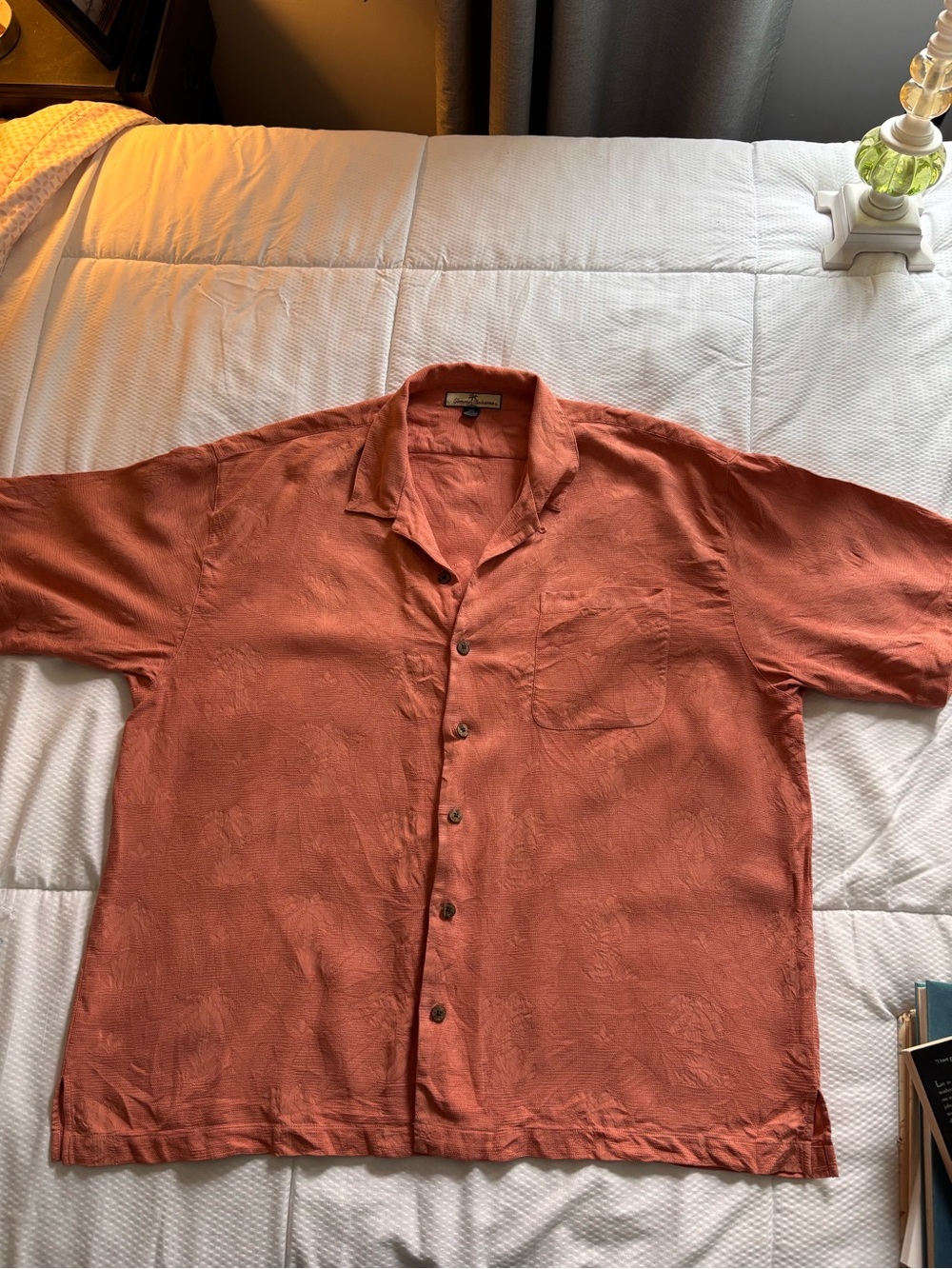 Relaxed Fit Short-Sleeve Shirt in Rust /coral palm tree design silk shirt